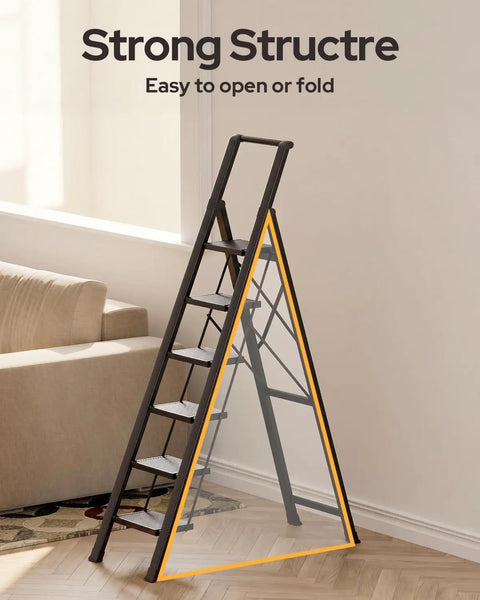 Six Step Foldable Aluminum Ladder Stool, Easy Fold And Store, Black Home Step Ladder With Shelf, Sturdy Yet Lightweight, Your Go To Kitchen And Home Helper For Bedroom Library Classroom.