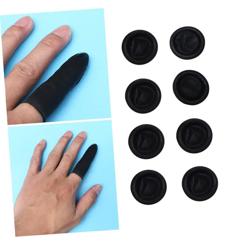 1000 Pack Antistatic Finger Cots Providing A No Sweat Grip That Shields Precise Electronics During Heavy Mechanic Work And Warehouse Tasks While Delivering Knockout Quality On A Tight Budget showing black latex finger cots on hand and flat.