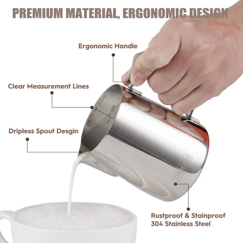 Milk Frothing Pitcher Set 12 Oz 20 Oz 32 Oz Stainless Steel Espresso Steaming Pitchers with ergonomic handle and measurement lines