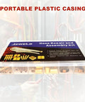 Front view of a clear plastic storage case labeled JZWELD Hose Repair and Assembly Kit with brass fittings and a crimp tool