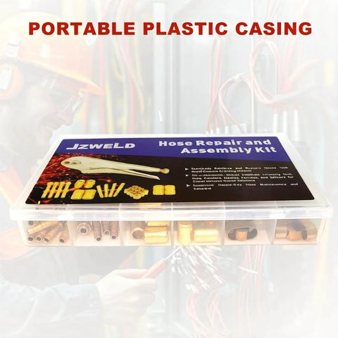 Front view of a clear plastic storage case labeled JZWELD Hose Repair and Assembly Kit with brass fittings and a crimp tool