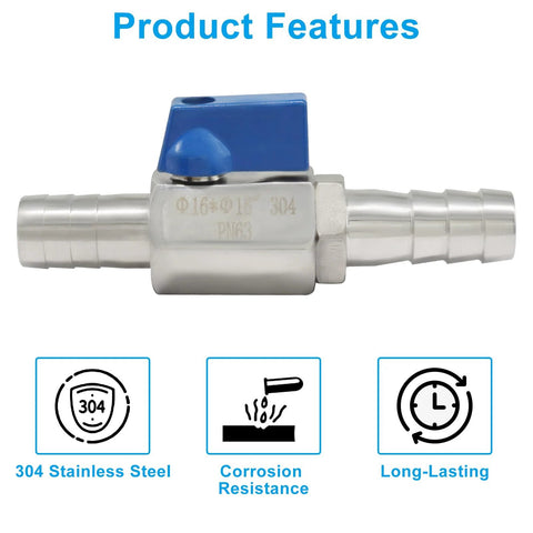 OSVJE mini 5/8-inch 304 stainless steel ball valve with blue lever and double-barbed fittings