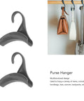 10 Pack Hanging Purse Hanger Hooks For Handbags Backpacks And Scarves Plastic Closet Organizer Clips shown on a rod with bags