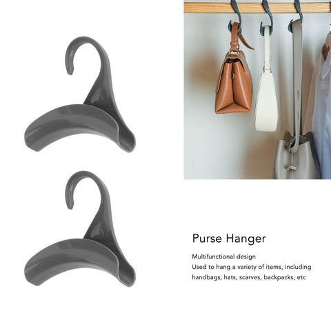 10 Pack Hanging Purse Hanger Hooks For Handbags Backpacks And Scarves Plastic Closet Organizer Clips shown on a rod with bags