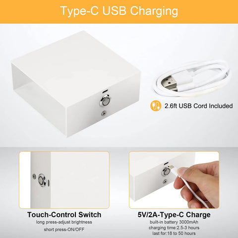 Cord Free Battery Powered Wall Sconce With Touch Dimmer, USB charge and touch-control switch, 2.6ft USB cord included