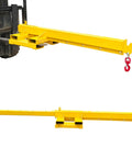 Heavy Duty Dual Direction Forklift Jib Crane with adjustable yellow telescoping boom and dual hooks for heavy lifting.