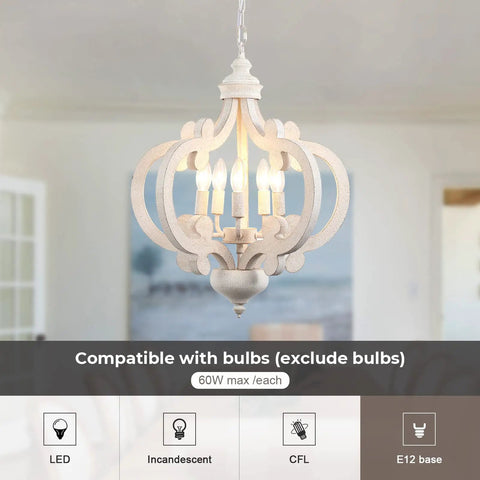 Farmhouse 5 Light French Country Wood Chandelier For Dining Room And Kitchen Island in rustic white finish with E12 base
