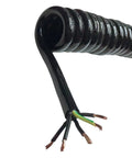 Rugged Slick Retractable Coiled Wire Five Core 13 AWG Spring Extension Cable Stretches Up To 15 Meters, black spiraled design.