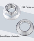 ATV Lockin Lug Nuts Set M10x1.25, 8 Nuts And 8 Tapered Adapters showing M10 flange nuts and tapered adapters.