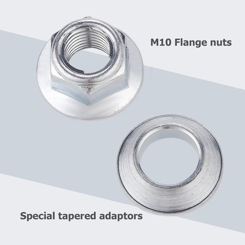 ATV Lockin Lug Nuts Set M10x1.25, 8 Nuts And 8 Tapered Adapters showing M10 flange nuts and tapered adapters.