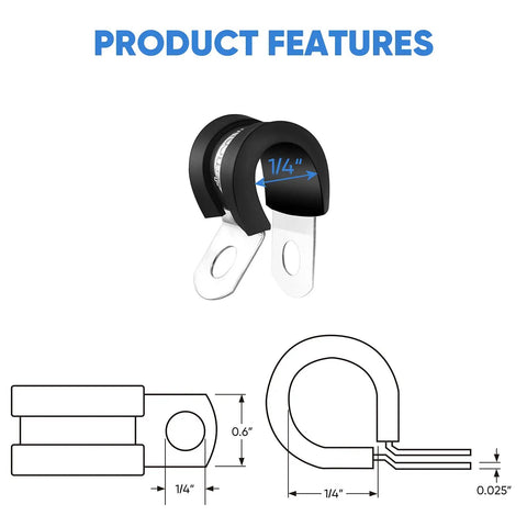 Diagram and features of 24 Pack One Quarter Inch Cable Hose Clamp Set with Rubber Cushioned 304 Stainless Steel Loop and Pipe Clamps.
