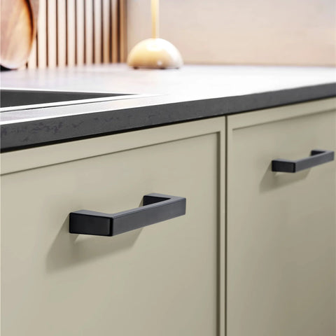 2 Pack Matte Black Kitchen Cabinet Handles Center To Center 6.3 Inch 160mm installed on modern kitchen cabinet