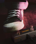 Foot pressing a Dual Footswitch Pedal For Guitar FX Rig Compact Design Ultra Fast Non Latching Momentary Switches TRS Cable Included