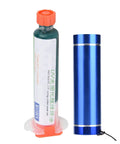 Image of the Go-To PCB Solder Mask Repair Kit With Flashlight And Green Oil For Computer And Mobile Phone PCBs, DIY Friendly Quick Fix For Layer Peeling, Local Damage And BGA Soldering On Circuit Boards, featuring a blue flashlight and a green oil syringe.