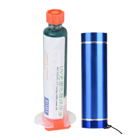 Image of the Go-To PCB Solder Mask Repair Kit With Flashlight And Green Oil For Computer And Mobile Phone PCBs, DIY Friendly Quick Fix For Layer Peeling, Local Damage And BGA Soldering On Circuit Boards, featuring a blue flashlight and a green oil syringe.