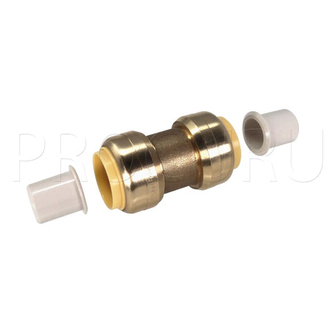 Eleven Pack Push Fit Plumbing Kit for Copper PEX CPVC Pipes showing 1/2-inch brass push to connect coupling