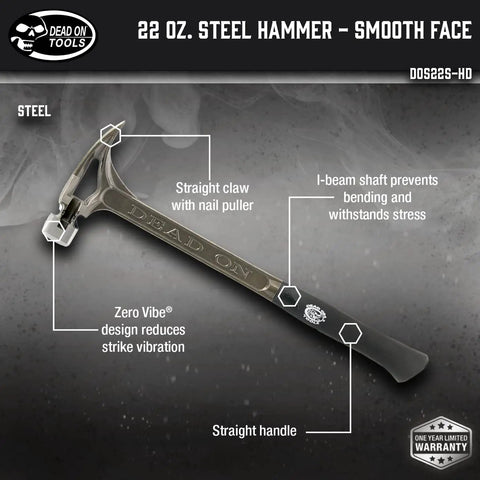 Workhorse 22 Ounce 18 Inch Steel Smooth Face Hammer With Zero Vibe Vibration Reduction, magnetic nail set, I-Beam shaft diagram