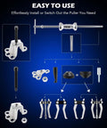 Components of 9-Way Internal And External Slide Hammer Puller Set With 5-Lb Hammer for auto repair, showing various puller parts.
