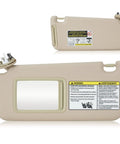 Toyota RAV4 Left Driver Side Beige Sun Visor With Vanity Light Replacement For 2006 2007 2008 2009 2010 2011 2012 2013 Built Tough Easy Install Daylight Comfort featuring a mirror and safety warnings