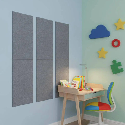 Straight Up Six Piece Soundproof Wall Panels With Flat Profile Acoustic Foam Tiles For Legit Noise Reduction In Living Rooms And Bedrooms Silver Gray setup behind a desk in a colorful room.