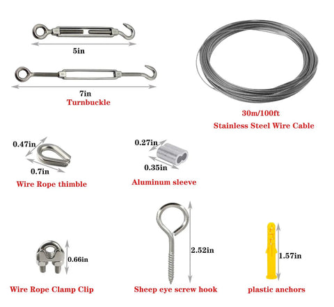 Vinyl Coated Wire Rope Kit For Easy String Lights Hanging 50ft Stainless Steel Cable with turnbuckles, clips, and anchors