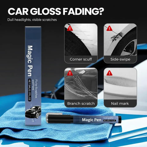 Ultimate Car Scratch Repair Pen For All Vehicles, 2026 Upgraded Quick Paint Touch Up Tool, close-up of pen with damage types shown