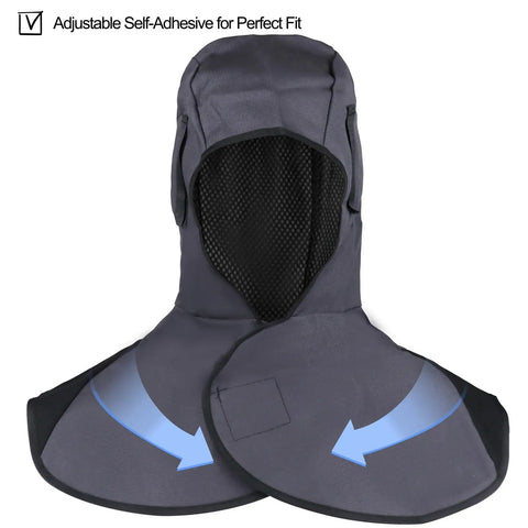 Front view of lightweight welding hood cap with neck shield, heat and abrasion resistant protective helmet for pro welders and DIY fans
