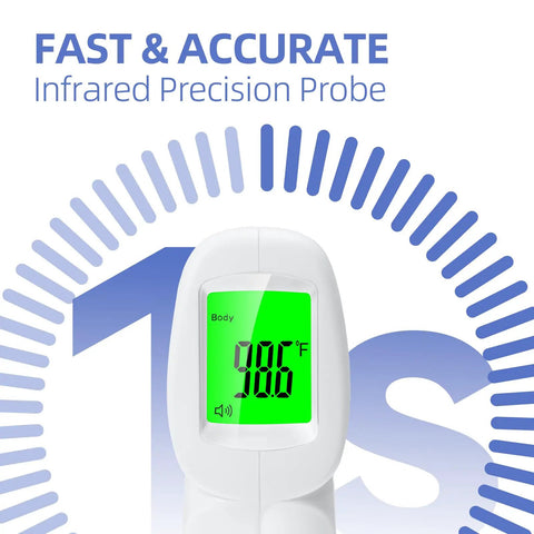 3 In 1 Non Contact Infrared Thermometer For Forehead Fever Check, Kid Friendly For Babies, Kids, And Adults, Also Reads Milk Food And Room Temperature, Backlit LCD, Fever Alarm, Batteries Not Included front view with green display
