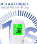 Infrared Thermometer 3 In 1 For Home Use, Nursery And Family Checks Body, Room, And Object Temps, Switch Between Fahrenheit And Celsius, Smart Fever Indicator With 3 Color Backlight, Perfect For Baby, Kids And Adults, front view with green display