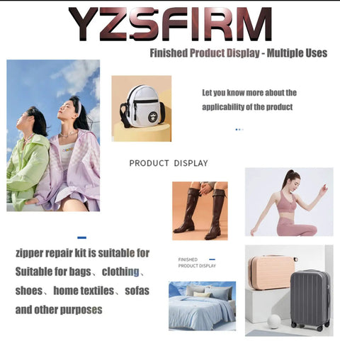 Display of various products including bags, shoes, clothing, and home textiles, suitable for Size 5 Zipper Repair Kit with sliders and stops.