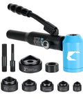Hydraulic Knockout Hole Punch Driver Kit With Eight Ton Power, Six Dies From Half Inch To Two Inch shown with accessories