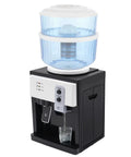 Black countertop water dispenser for 5 gallon bottles with hot and cold water cup push spout, compact design for home, office, dorm room.