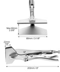 Locking Sheet Metal Clamp Set, 8 Inch Alloy Steel Pliers for Welding, side and front view with dimensions shown