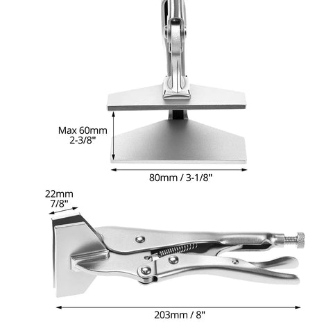 Locking Sheet Metal Clamp Set, 8 Inch Alloy Steel Pliers for Welding, side and front view with dimensions shown