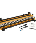 Rugged Shop Standard 24 Inch Dovetail Jig For Fine Woodworking Projects With Half Inch Template Heavy Duty Steel And Aluminum showing the jig, router bits, and manual.