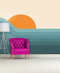 Peel And Stick 3D Retro Sunset Landscape Wall Mural In Mid Century Graphic Style Removable Wallpaper for Living Room with pink chair