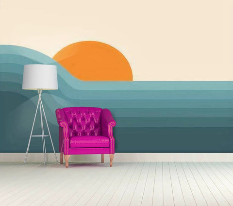 Peel And Stick 3D Retro Sunset Landscape Wall Mural In Mid Century Graphic Style Removable Wallpaper for Living Room with pink chair