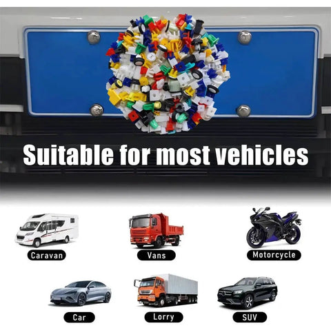200 Piece Nylon Auto Fastener Kit With License Plate Screws Inserts Grommets And Nuts For Body Panels Bumper Fender Grille Headlamp And Door Trim Perfect For DIY Car Fixes And Quick Repairs, displayed with various vehicle images