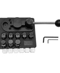 Multi Functional Ring Bending Tool For Jewelry Making with adjustable handle, 7 post molds, and 6 nylon dies on steel base.