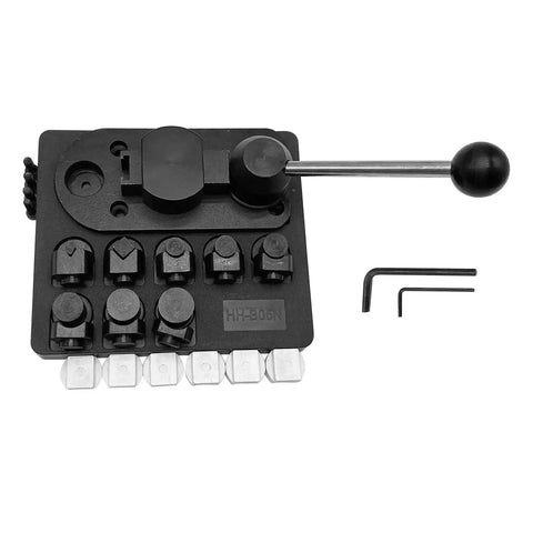 Multi Functional Ring Bending Tool For Jewelry Making with adjustable handle, 7 post molds, and 6 nylon dies on steel base.