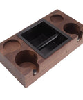 Premium Walnut Coffee Tamping Station With Adjustable Height Base And Stainless Steel Knock Box, solid wood design, espresso prep tool.