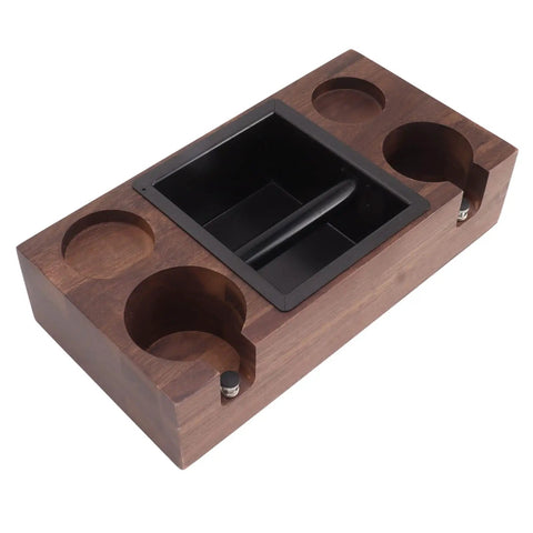 Premium Walnut Coffee Tamping Station With Adjustable Height Base And Stainless Steel Knock Box, solid wood design, espresso prep tool.