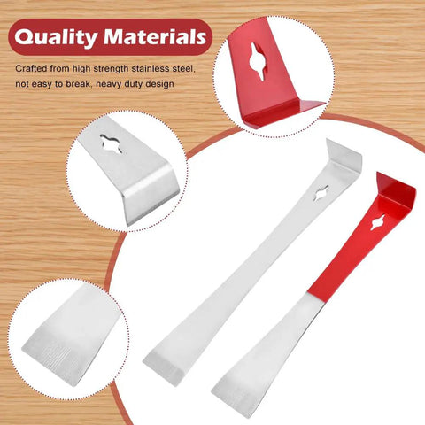 Stainless steel Two Piece Flat Pry Bar Set in silver and red with nail puller and scraper edges for remodel projects.