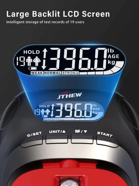 Close-up of electronic display on Dual Function Grip Strength Tester And Adjustable Resistance Hand Gripper For Sports Training.