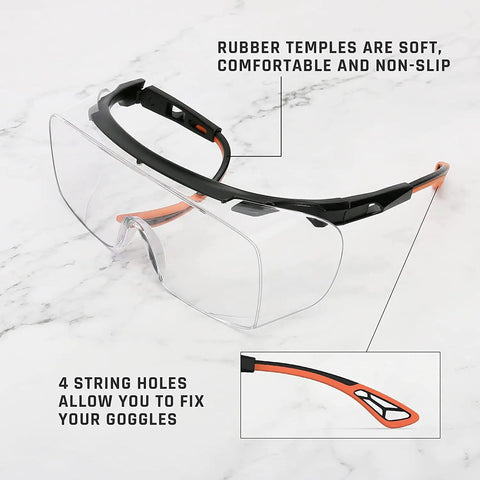 Kick Up Dust Without Fogging Out These Safety Glasses Fit Seamless Over Your Specs Scratch Proof Lenses Ansi Certified Gear Adjustable Temples UV Shield Dual Pack, featuring rubber temples and clear lens.