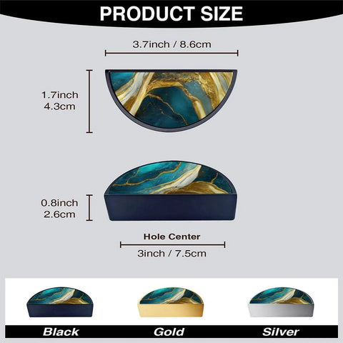 Two Pack Dope Teal White Gold Fluid Art Cabinet Pulls With 3 Inch Hole Center Black Semicircle Drawer Handles product size