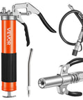 Heavy Duty 8000 PSI Grease Gun Kit With Pistol Grip, 14 Oz Capacity, 18 Inch Flex Hose, Double Handle Coupler, Extension Pipe and Nozzle