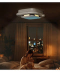Killer Design Bladeless Ceiling Fan And Pendant Chandelier With Full Spectrum Eye Care Bulbs Smooth Whisper Quiet Motor Great For Bedroom Dining Area Or Hallway Refreshing Air In Warm Yellow Finish in cozy bedroom setting.