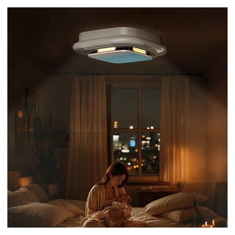 Killer Design Bladeless Ceiling Fan And Pendant Chandelier With Full Spectrum Eye Care Bulbs Smooth Whisper Quiet Motor Great For Bedroom Dining Area Or Hallway Refreshing Air In Warm Yellow Finish in cozy bedroom setting.