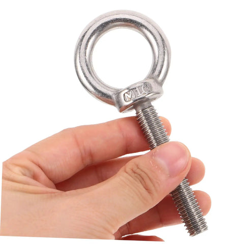 Heavy Duty Stainless Steel Threaded Eye Bolts M10x60 Set With Nuts And Washers, Rust Proof Anchor Hardware being held.